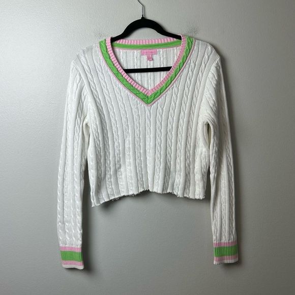Lilly Pulitzer V Neck Cableknit Sweater Cropped, Size Large - Picture 2 of 5